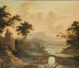 River landscape with stone bridge