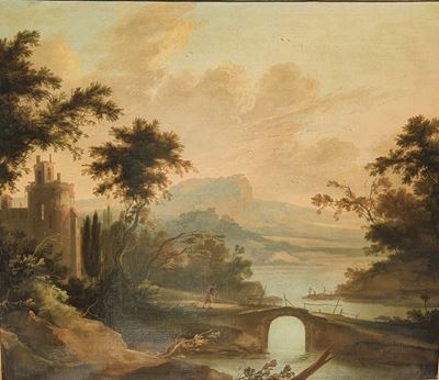 Paesaggio fluviale con ponte di pietra, olio su tela