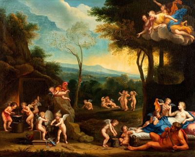 Venere e amorini in un paesaggio, olio su tela