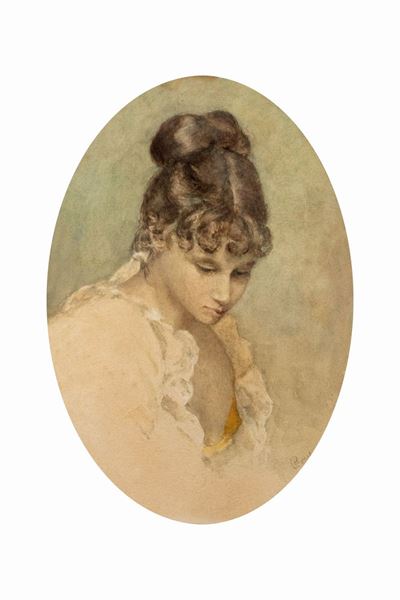 C. Papert, Ritratto di giovane donna in ovale, acquerello su carta