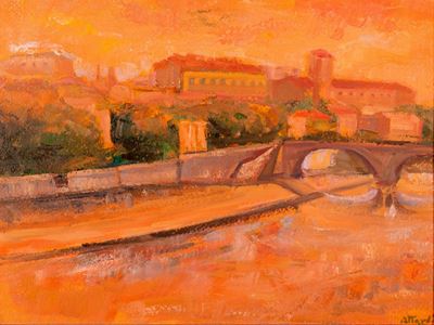 Lungotevere, olio su carta applicata su tela