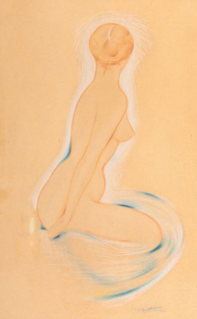 Nudo di spalle, pastelli su carta applicata su cartoncino