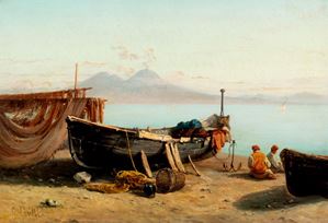 Boats and fishermen ashore in the Gulf of Naples
