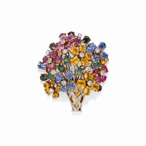 A 18K yellow gold, multicolor sapphire and diamonds brooch