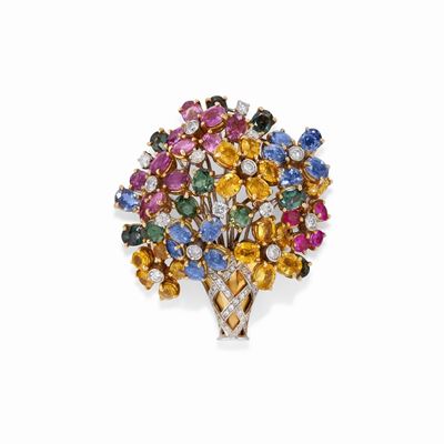 Spilla con Diamanti e Zaffiri Multicolor