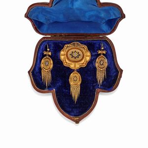 A 18K yellow gold, diamond and enamel demi parure, 19th Century, with box