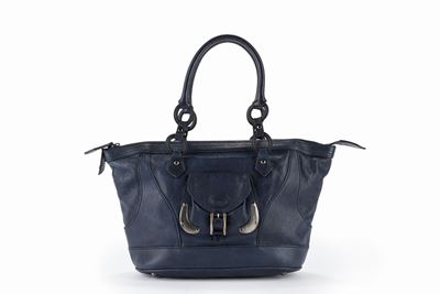 Borsa trapezoidale in pelle blu con doppi manici