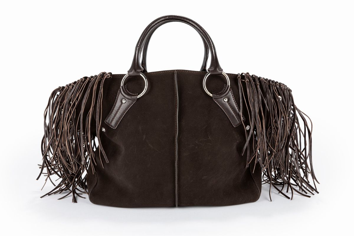 Tod's - Borsa in pelle di camoscio marrone con applicazioni in metallo e frange
