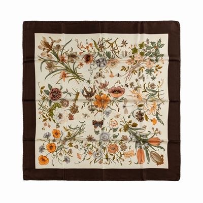 Foulard Flora, anni '60, fondo color panna con bordo marrone