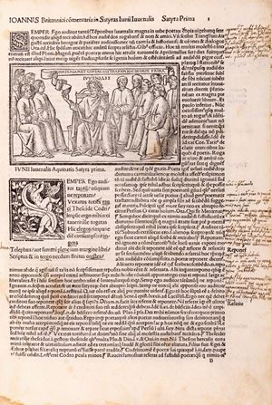 Giovenale, Decimo Giunio - Opus quidem divinum antea impressorum vitio, tetrum, mancum, & inutile nunc autem a viro bene docto recognitum, adeoque diligenti castigatione excultum, ut ne punctus, coma, seu interrogatiuncula, cum in textu, tum in commento deficiat, [...] Scribente Ioanne Britannico