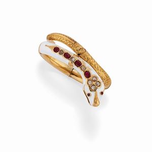 A 18K yellow gold, diamond, ruby and white enamel bracelet, defects