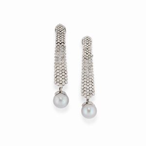 A 18K white gold, diamond and cultured pearl earrings