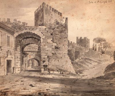 Scuola inglese, Veduta di Porta San Lorenzo a Roma, matita e acquerello bruno su carta