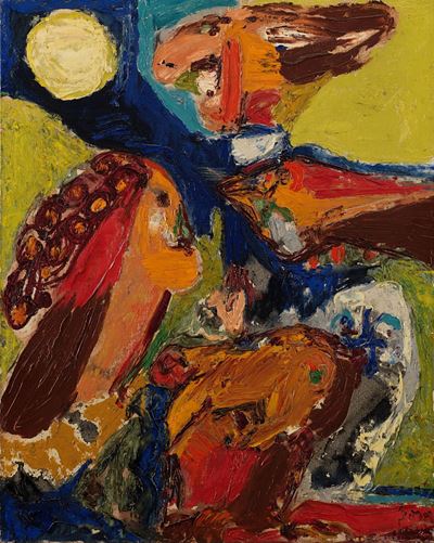Trois personnages qui regardent la lune, olio su tela