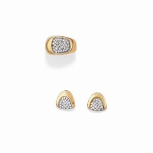 A 18K two-color gold and diamond ring and earrings