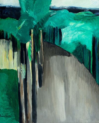 Strada con alberi, olio su tela