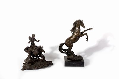 Calamaio con sirena su conchiglia e scultura di cavallo rampante, bronzo, XIX secolo