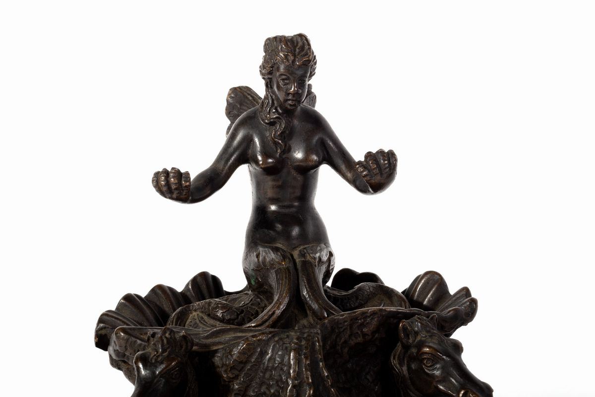 Calamaio con sirena su conchiglia e scultura di cavallo rampante, bronzo, XIX secolo