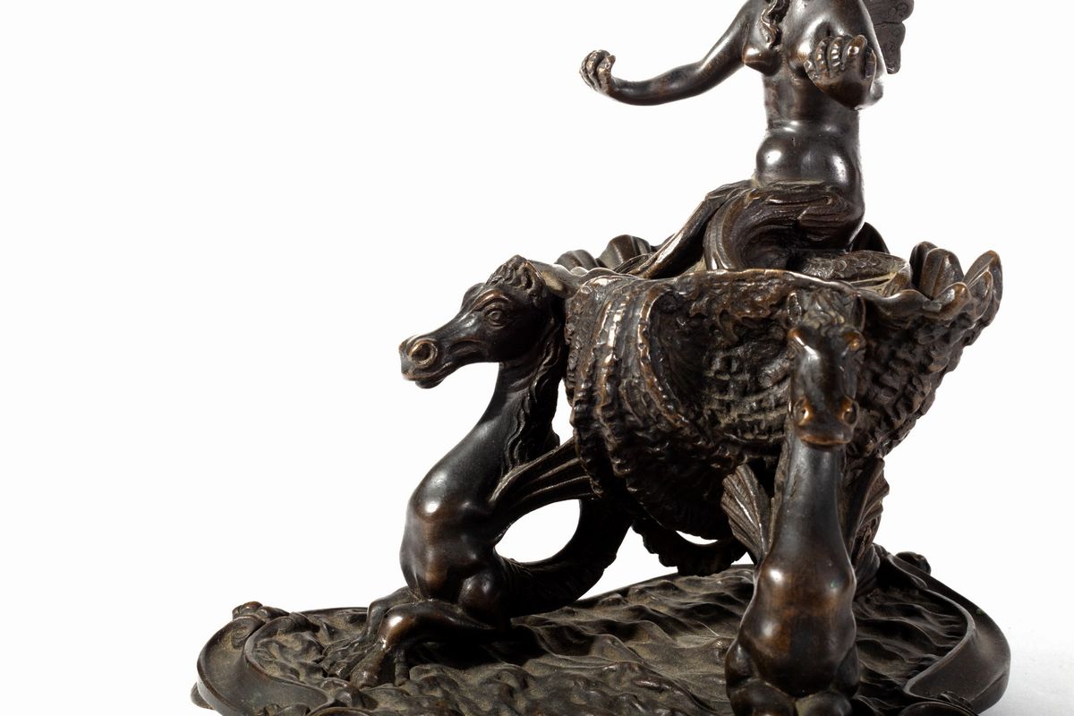 Calamaio con sirena su conchiglia e scultura di cavallo rampante, bronzo, XIX secolo