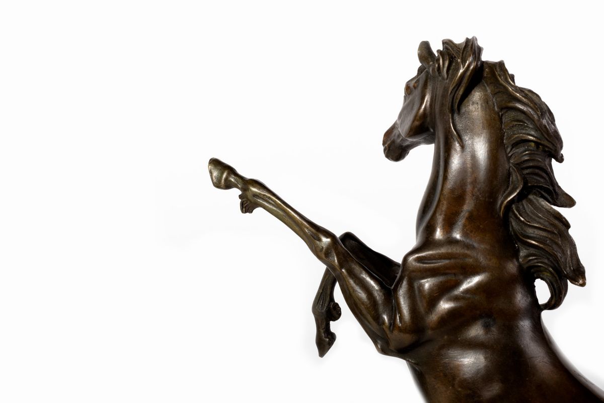 Calamaio con sirena su conchiglia e scultura di cavallo rampante, bronzo, XIX secolo