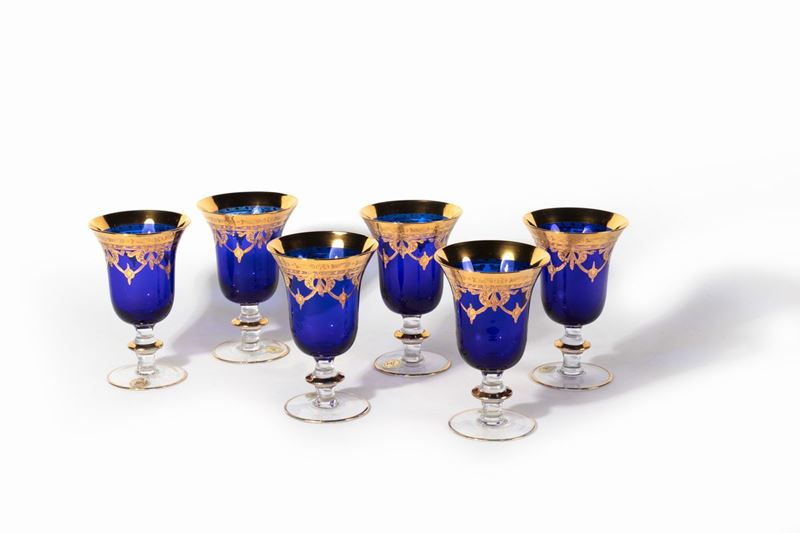 Servizio da sei bicchieri in vetro blu e oro, secolo XX