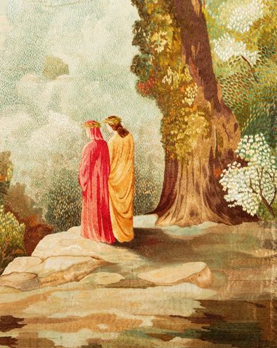 Tessuto ricamato raffigurante Dante e Beatrice, inizio XX secolo
