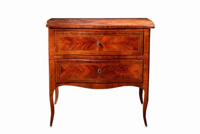 Comode in legno intarsiato con fronte mosso e due cassetti