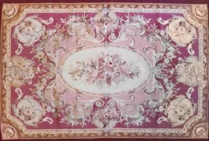 Tappeto Aubusson, in lana color rosso, con decoro floreale, secolo XX
