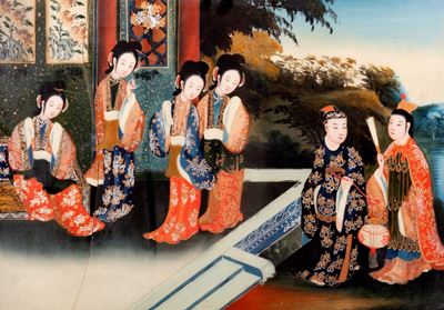 Dipinto sottovetro raffigurante scena di corte, Cina, XIX secolo