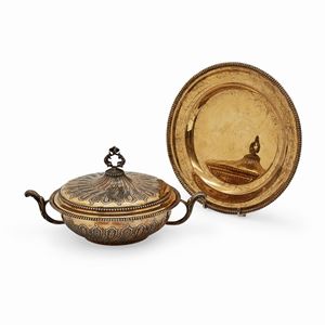 Bonbonnière con piatto in argento, Italia, XX secolo 