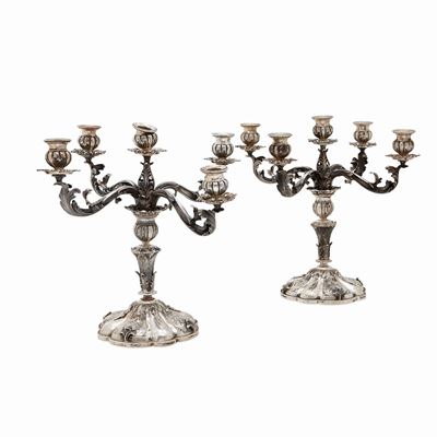 Candelabri in argento a cinque fiamme, Italia XX secolo