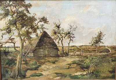Scuola inglese, XIX secolo, Paesaggio con capanna e gregge, olio su tela