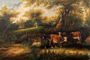 Paesaggio con mucche al guado