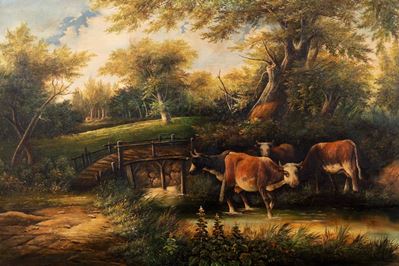 Scuola europea, Paesaggio con mucche al guado, olio su tela