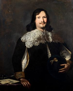 Three-quarter length portrait of a gentleman, near a desk