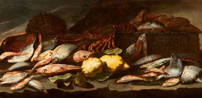 Trionfo di pescato, olio su tela