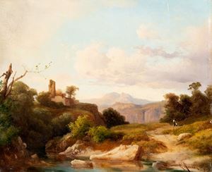 Landscape with ruins and wayfarers