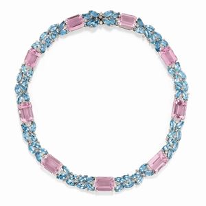 A 18K white gold, aquamarine, kunzite and diamond necklace