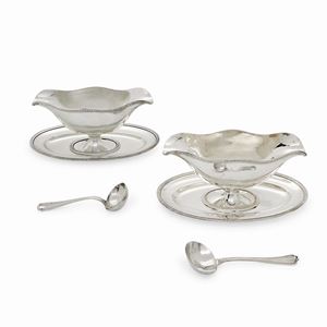 Two silver gravy boat with silver spoons, Miracoli, Italy 20th Century