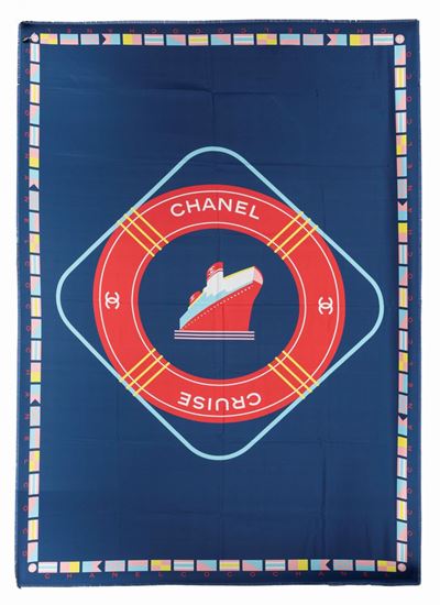 Grand foulard Cruise, tessuto poliestere colori vari su fondo blu, cm 180 x 130