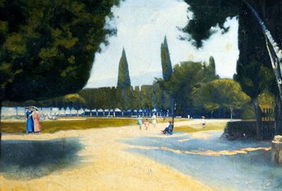 Giardino di una villa con astanti, olio su tela