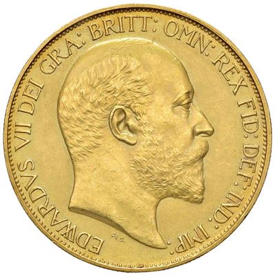 Gran Bretagna, Moneta da 5 Pounds di Edoardo VII (1902), Oro, gr. 39,94