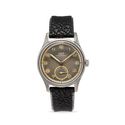 Solotempo, Cassa rotonda in acciaio con quadrante grigio e beige, anni '50