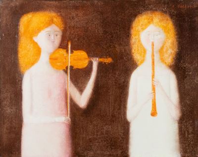 Duetto musicale, olio su faesite