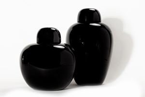 Two black glass vases with lids, Carlo Scarpa for Venini