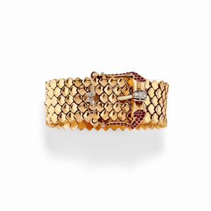 Bracciale con orologio Rolex, diamanti e rubini, 1950 circa