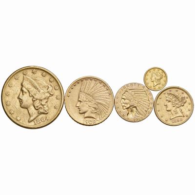 Lotto di 5 monete in oro, U.S.A. (1864-S, 1908, 1898, 1913, 1850)