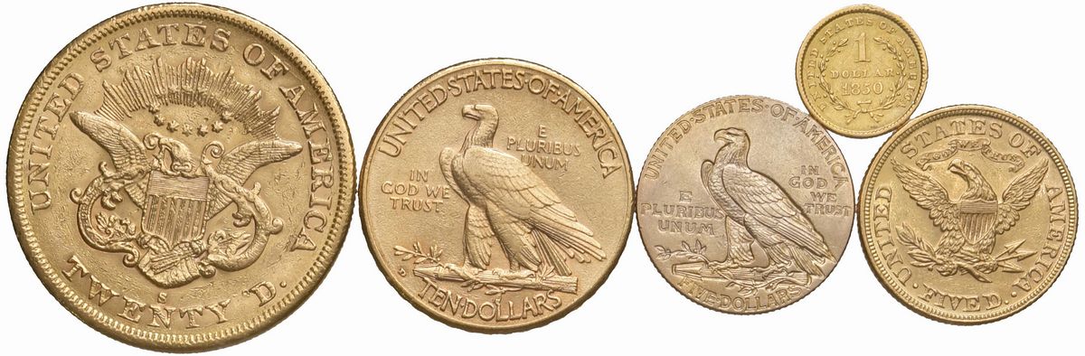 Lotto di 5 monete in oro, U.S.A. (1864-S, 1908, 1898, 1913, 1850)