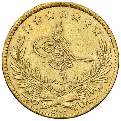 Abdul Aziz, Moneta da 500 Kurush (1861), Oro, gr. 36