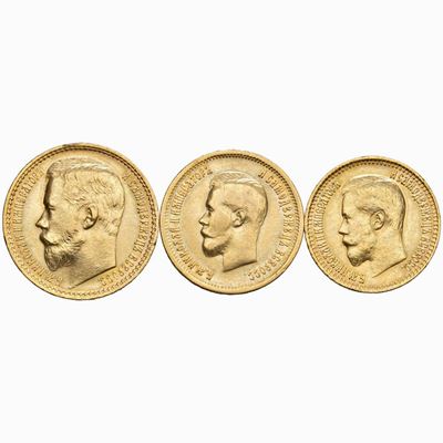 Nicola II, Tre monete in oro: 15 rubli 1897, 10 rubli 1899, 7 e 1/2 rubli 1897